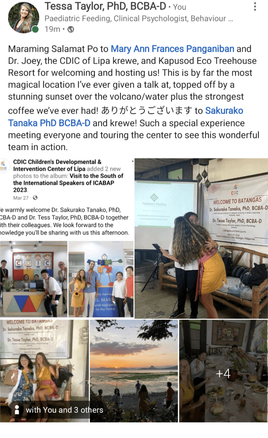 Presentation for Children’s Developmental & Intervention Center (CDIC) of Lipa (Philippines) with Dr. Tanaka: “From Tube Feeding to Eating: Empirically-Supported Treatment for Paediatric Feeding Disorders.”